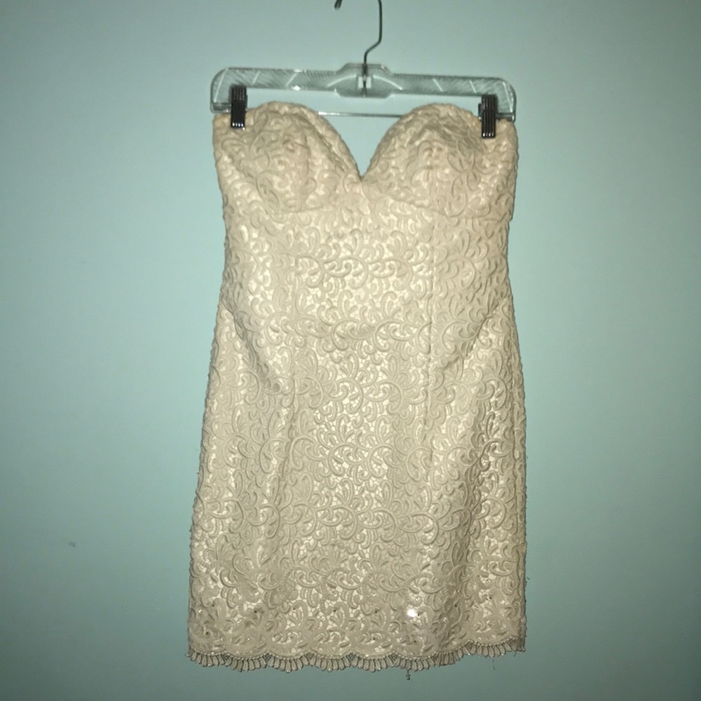 White lace sequin strapless mini dress